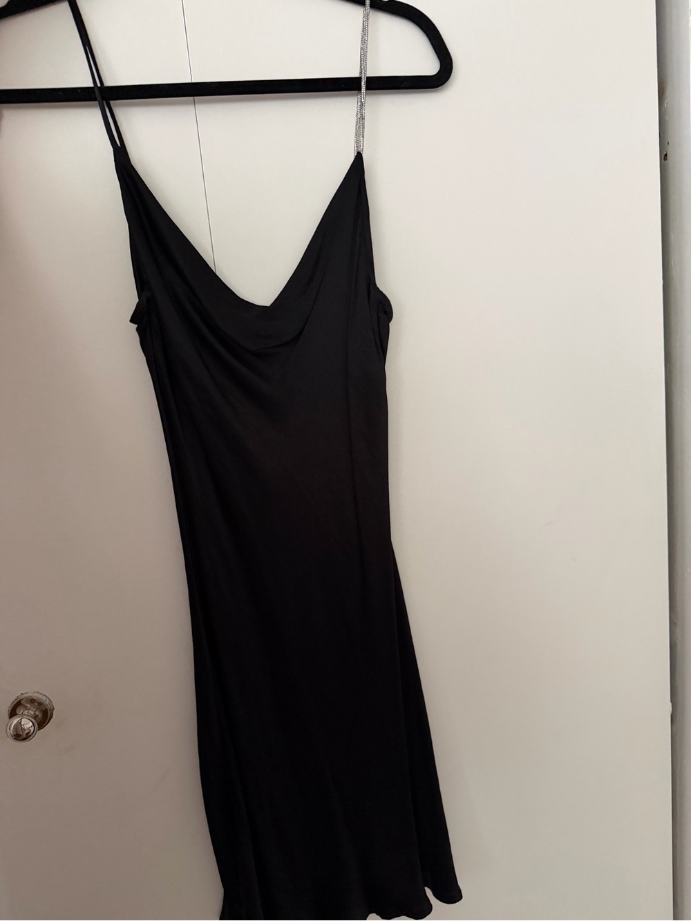 Zara Black Satin Slip Dress with Rhinestone Chain Strap